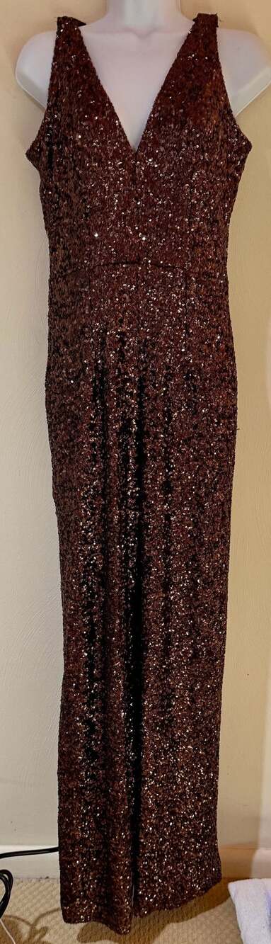 Dress The Population L Copper Bronze Sequin Jumpsuit Wide Leg Plunge V Neck USA